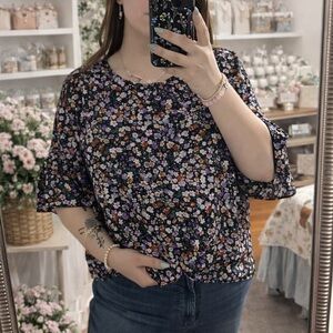 Floral V-Neck Ruffle Sleeve Top - Black with Purple & Pink Flowers